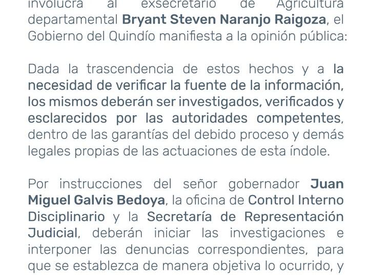 COMUNICADO OFICIAL GOBERNACION DEL QUINDIO